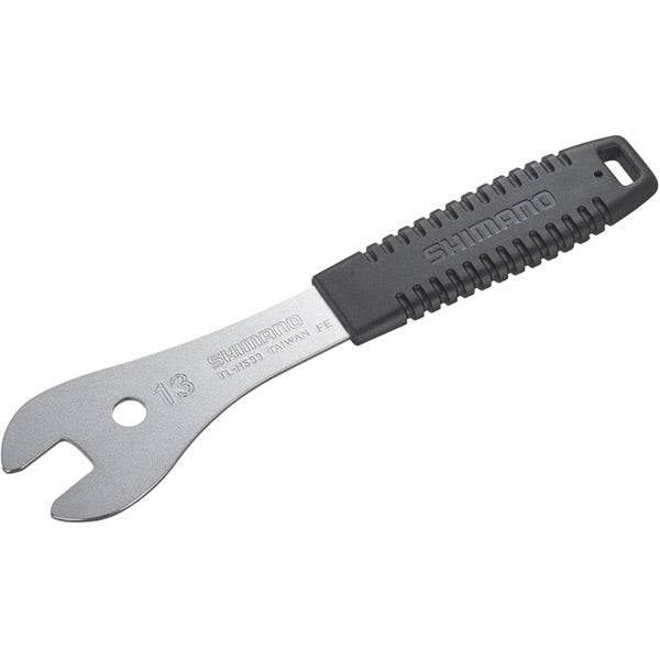 Shimano Workshop Cone Spanner TL-HS33 13mm for bike repair, showing a durable metal tool with a 13mm opening for bicycle maintenance.