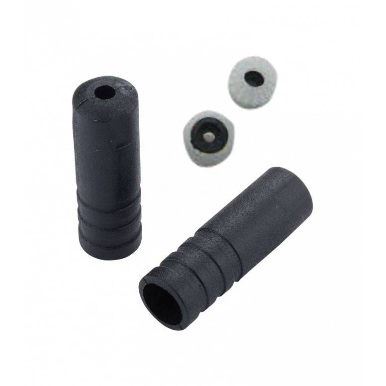 Jagwire sealed end caps for 4mm shift cable housing in black plastic, displayed in a pack of 100 components.