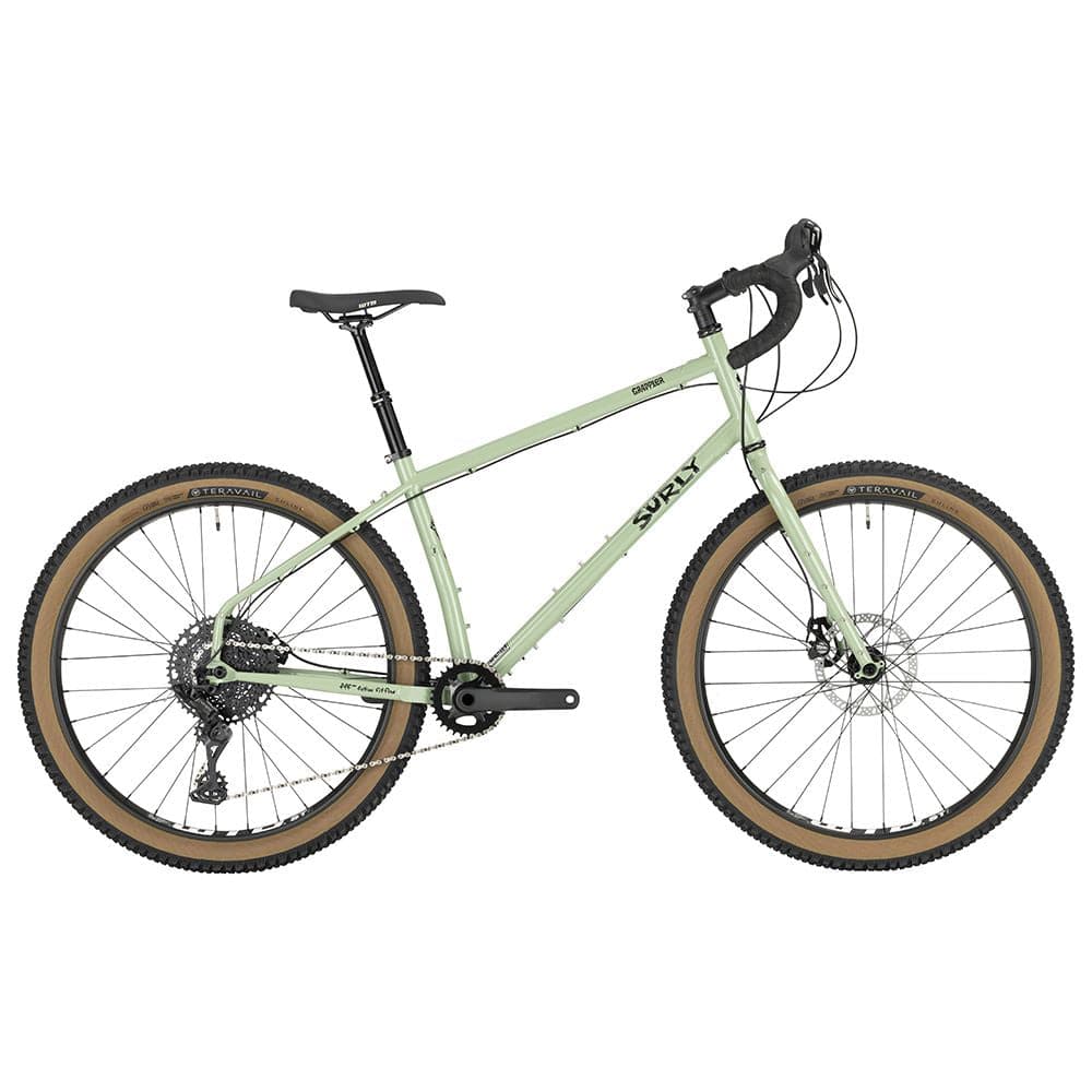 Surly Grappler mountain bike frame with drop bars, suited for trail riding and mixed terrain, shown in black with detailed components