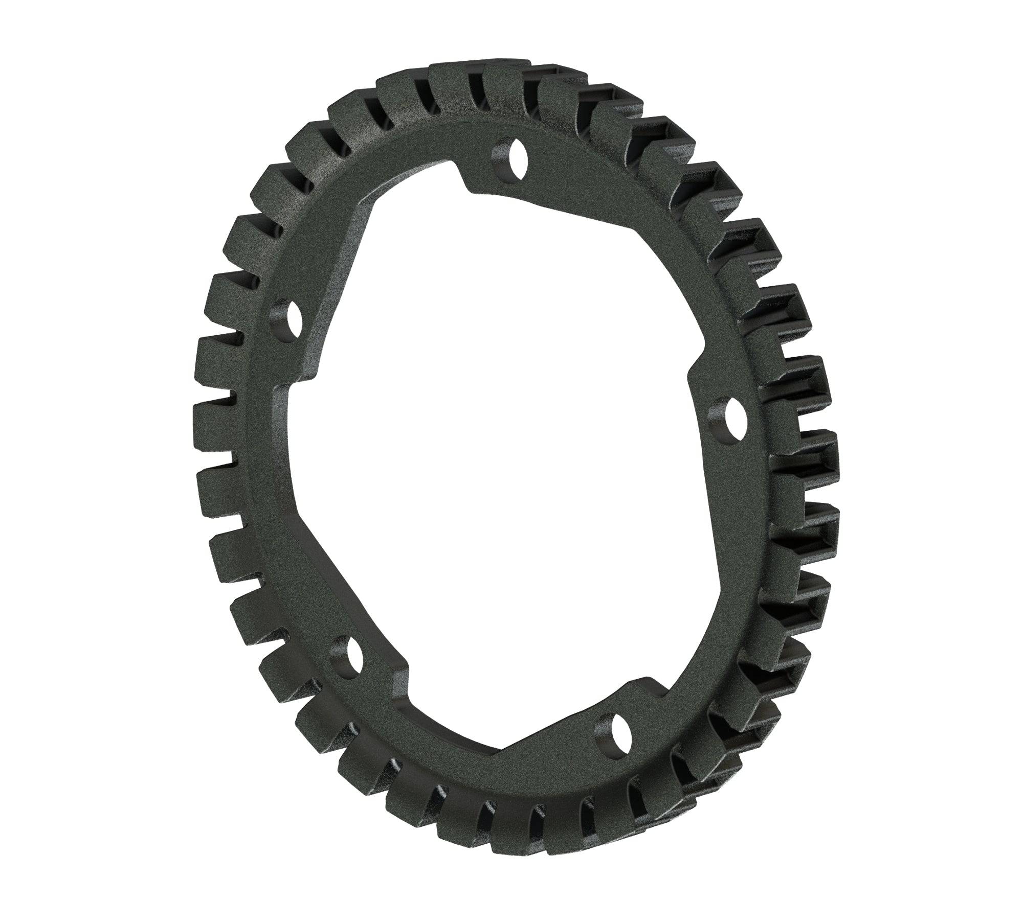 Trek TAB belt drive chainring replacement for e-bike components, showing a close-up of the black metal chainring with teeth.