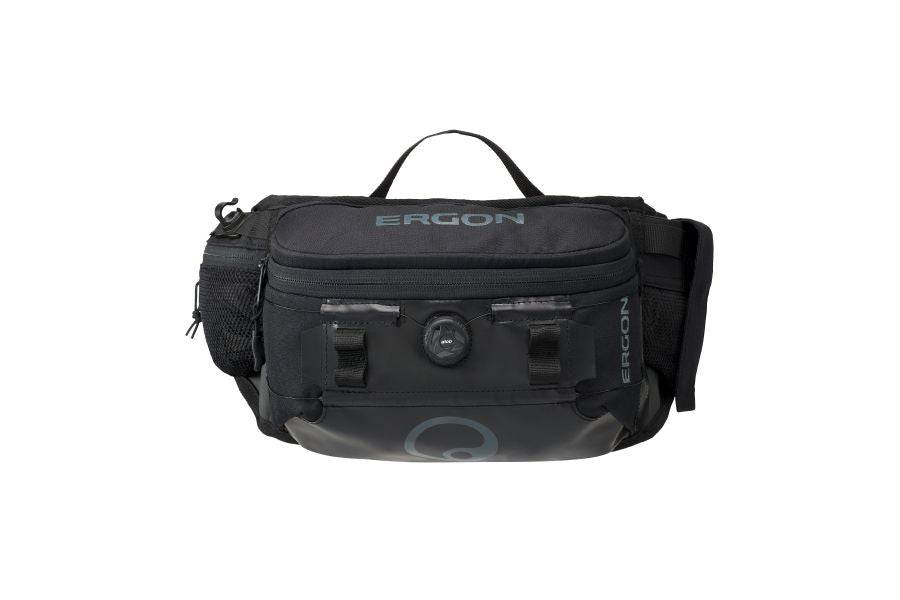 Black Ergon BA Hip Pack for enduro and gravel rides, compact compression hip bag with stable fit and accessories.