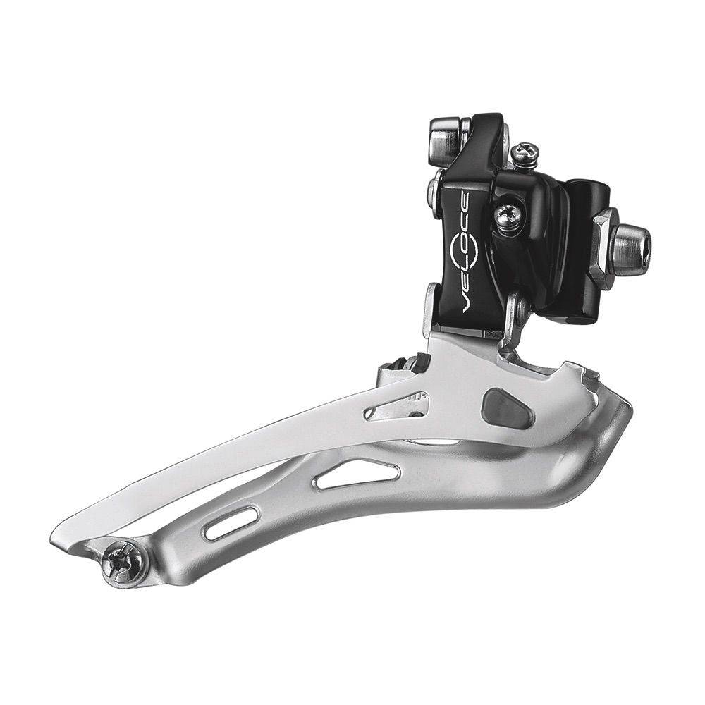 Campagnolo Veloce black 10-speed front derailleur for road bikes, showing the component with mounting and adjustment features.