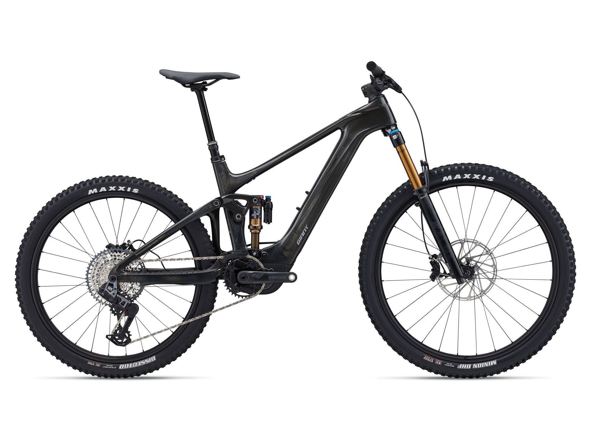 Giant Trance X Advanced E+ Elite 1 e-mountain bike with SRAM Eagle GX AXS drivetrain and full suspension for off-road riding.