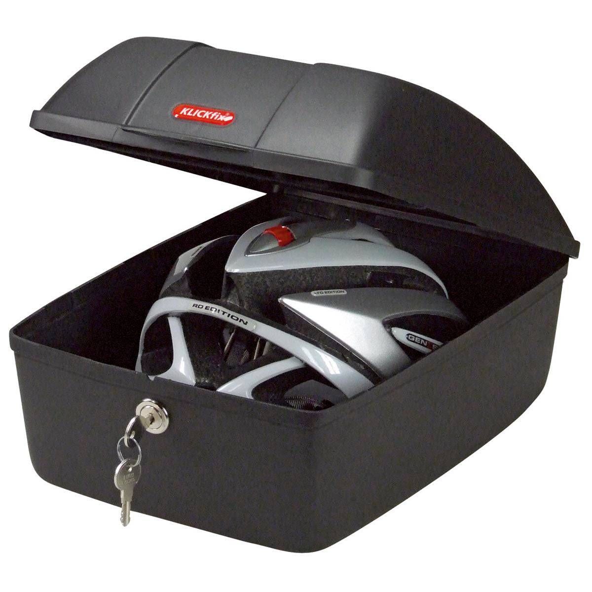 Rixen-Kaul 12L black lockable rear storage box for bikes, mounted on pannier rack, accessory for secure bike storage.