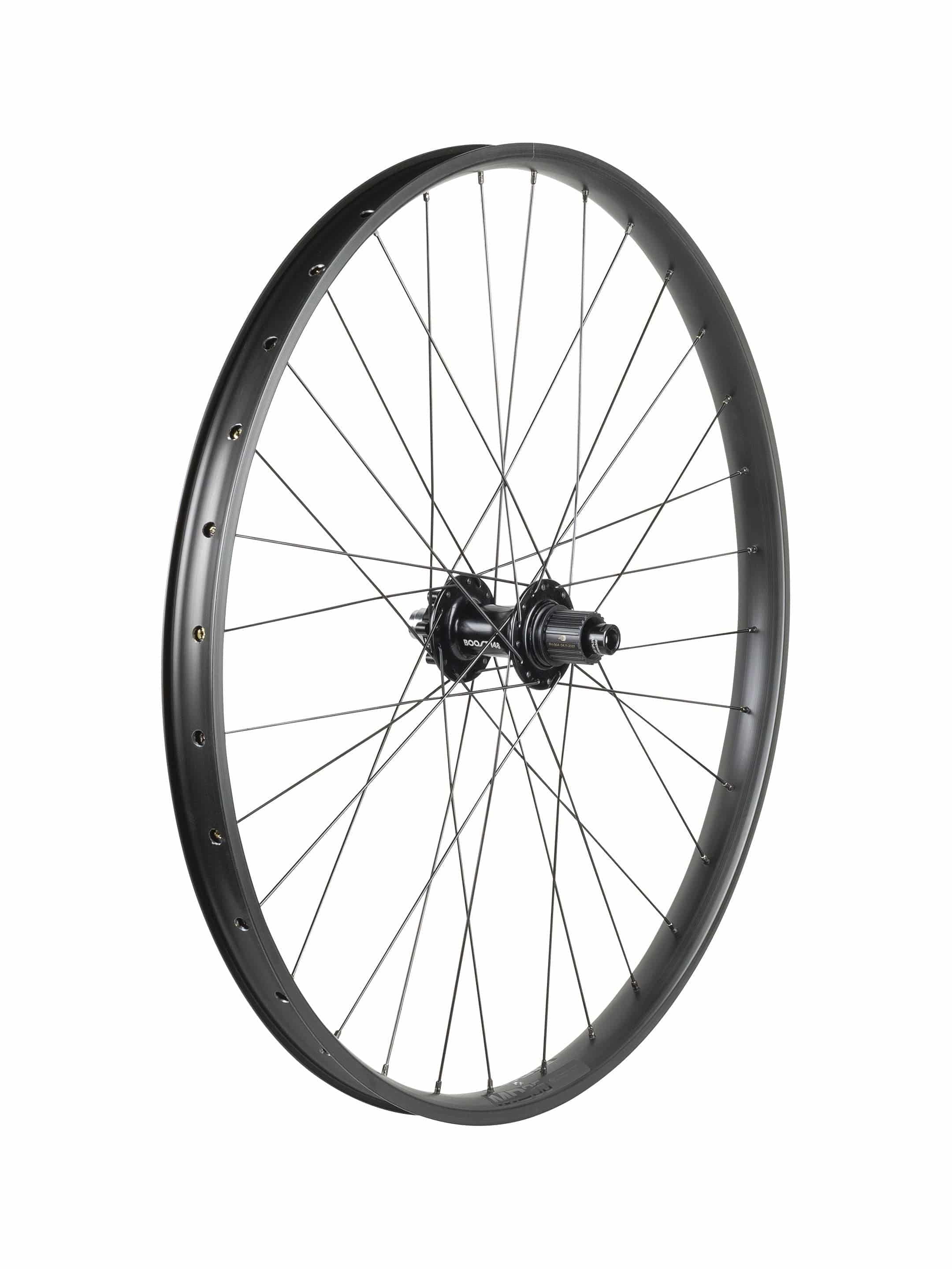 Trek Alex MD35 Boost 27.5-inch MTB rear wheel with Shimano Micro Spline 12-speed hub in black and dark grey.
