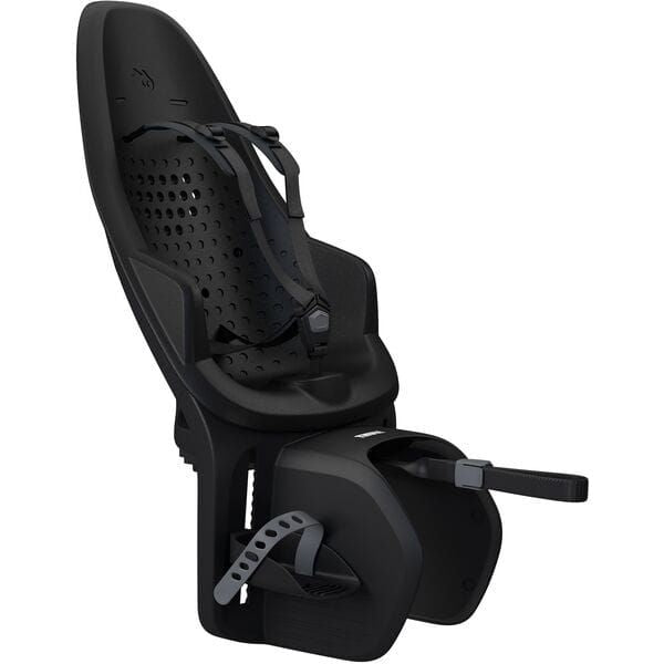 Black Thule Yepp 2 Maxi MIK HD child bike seat with click-in mounting system, designed for secure, comfortable bike riding.