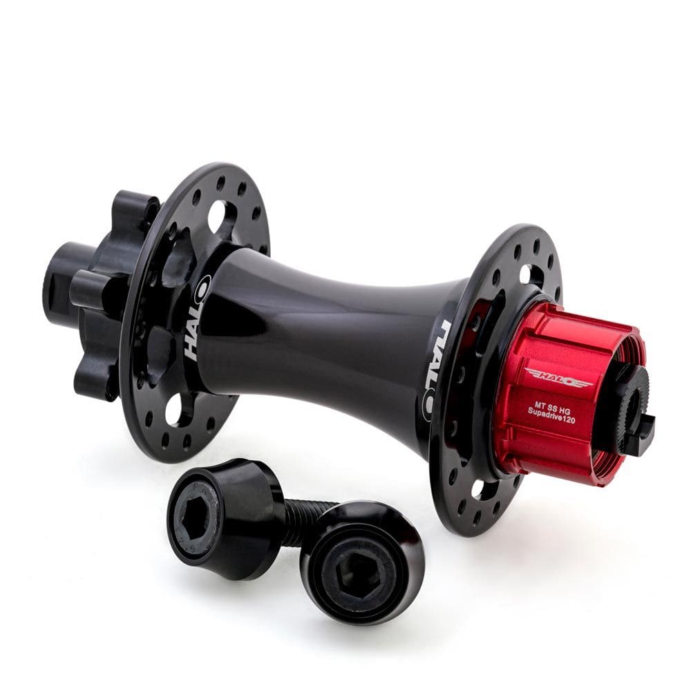 Halo MT Supadrive SS mountain bike disc hub with 120-point engagement, showcasing polished metal finish and disc brake interface.