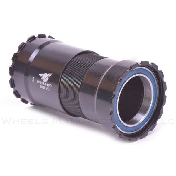 Wheels Manufacturing 386EVO threaded ABEC-3 bearings for 30mm crank spindles, close-up view of sealed bicycle component bearings