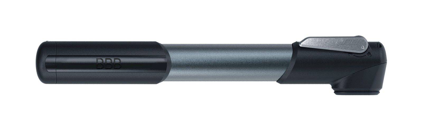 BBB BMP-55 WindRush compact bike pump with 250mm hose for Presta, Schrader, and Dunlop valves, shown in black with digital gauge.