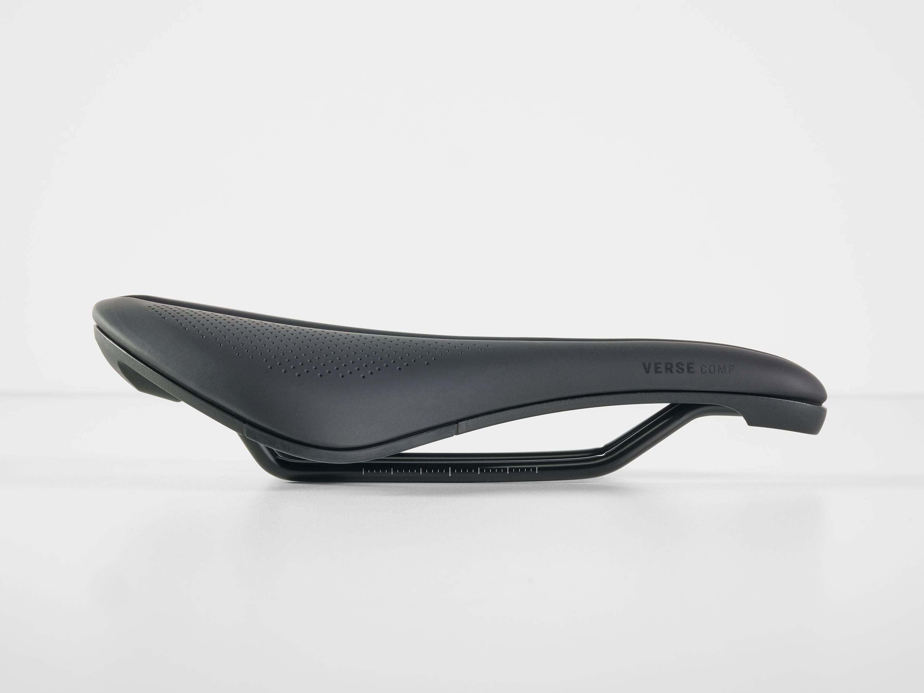 Trek Verse Short Comp Bike Saddle in black, ergonomic unisex seat, measuring 250mm by 155mm, designed for comfort and performance.