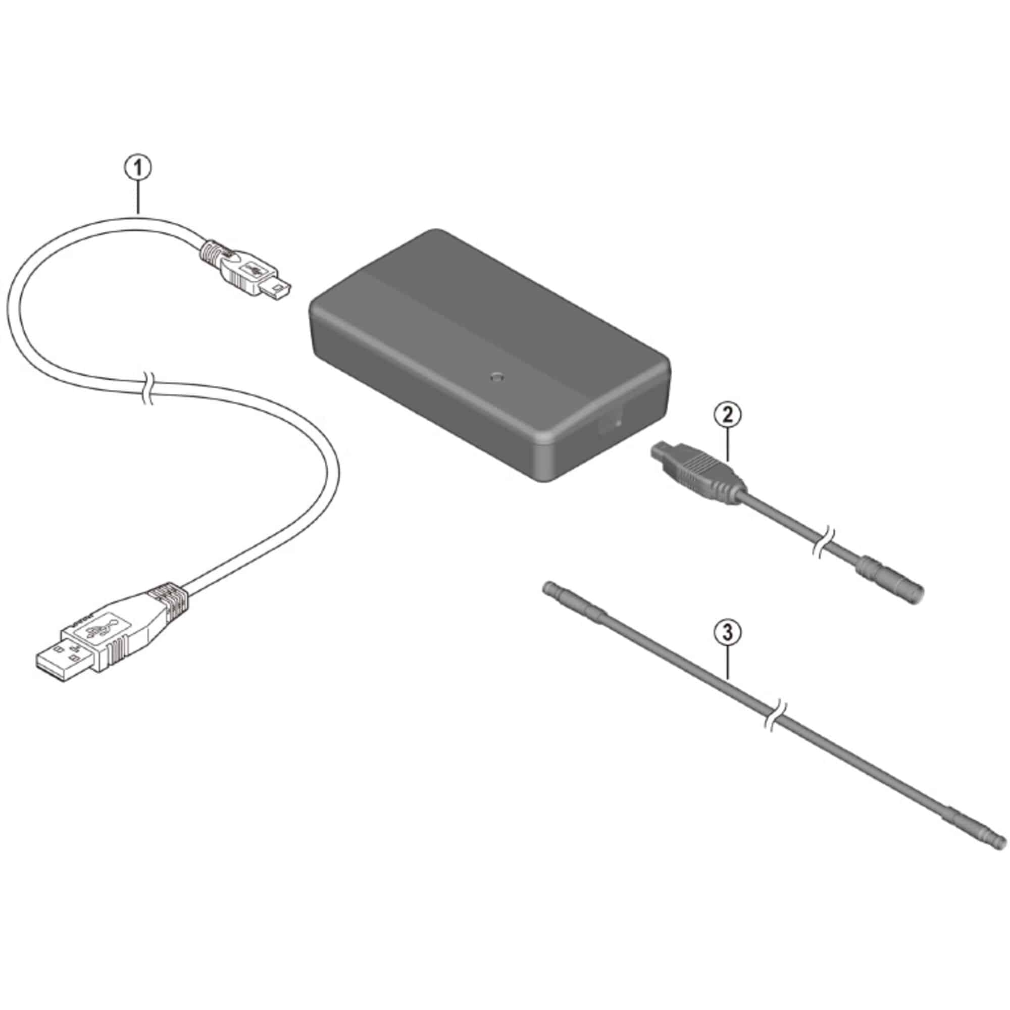 Shimano Spares SM-PCE2 Micro USB cable for connecting Shimano components, shown with four cables for reliable data transfer.
