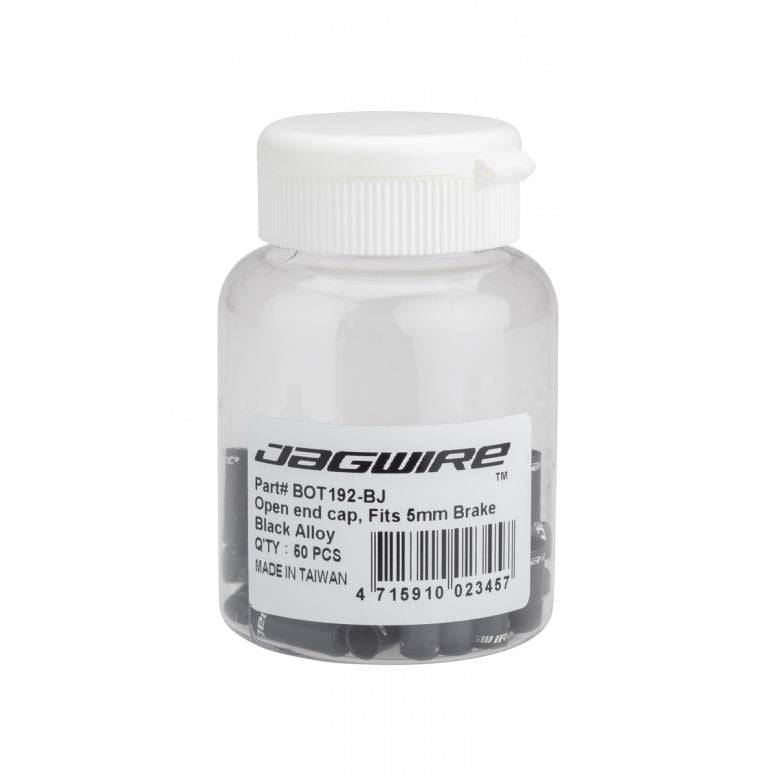 Jagwire 5mm black alloy open brake end caps for bike cables, set of 50, designed for maintenance and secure cable ends.