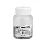 Jagwire 5mm black alloy open brake end caps for bike cables, set of 50, designed for maintenance and secure cable ends.