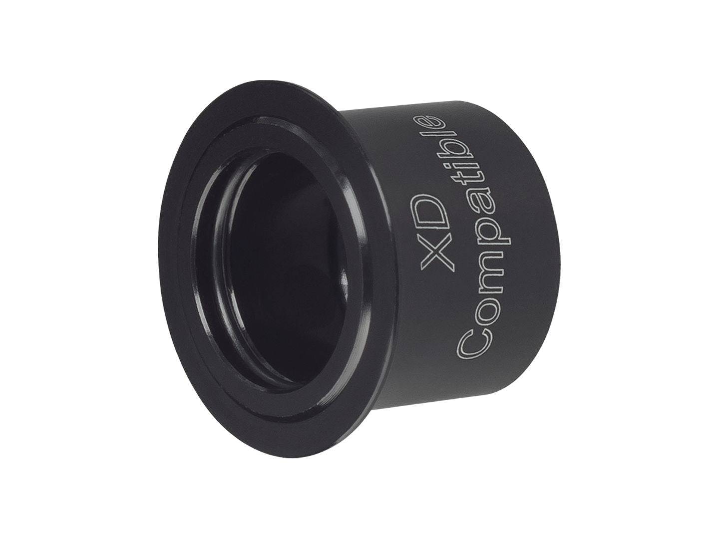 Black Bontrager DT240 12mm drive side axle end cap for 142/148mm OLD front and rear hubs, component for bike wheel hubs.