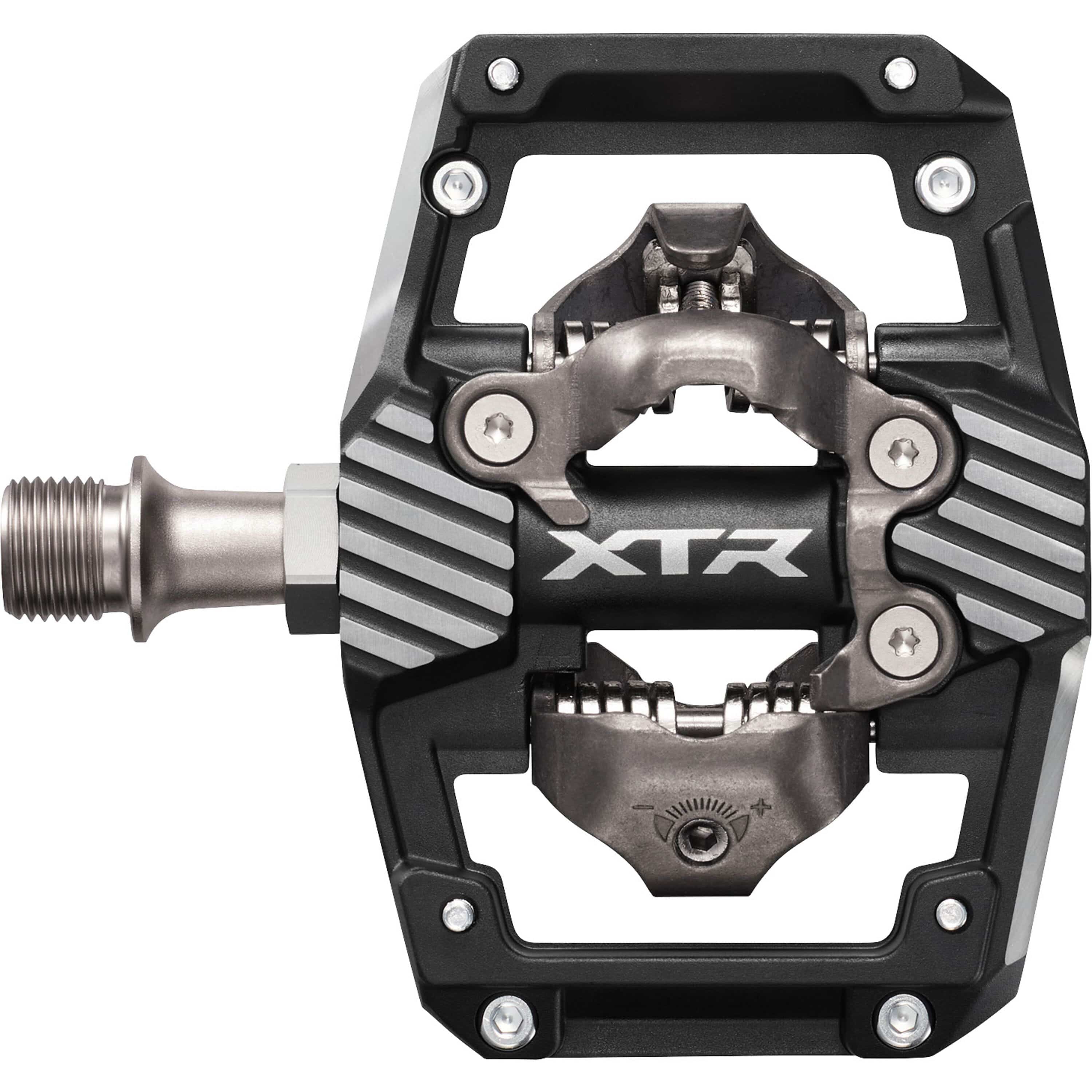 Shimano XTR PD-M9220 trail wide platform mountain biking pedals with durable metal body and clipless design.