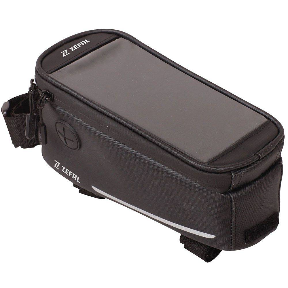 Zefal Console Pack T2 top-tube bike bag with smartphone compartment and rain cover, mounted on a bicycle frame.