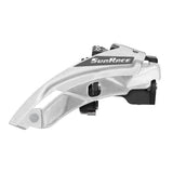 SunRace FDM500 MTB front derailleur with 3x8/7-speed compatibility and multi clamp inserts, mounted on a bicycle.