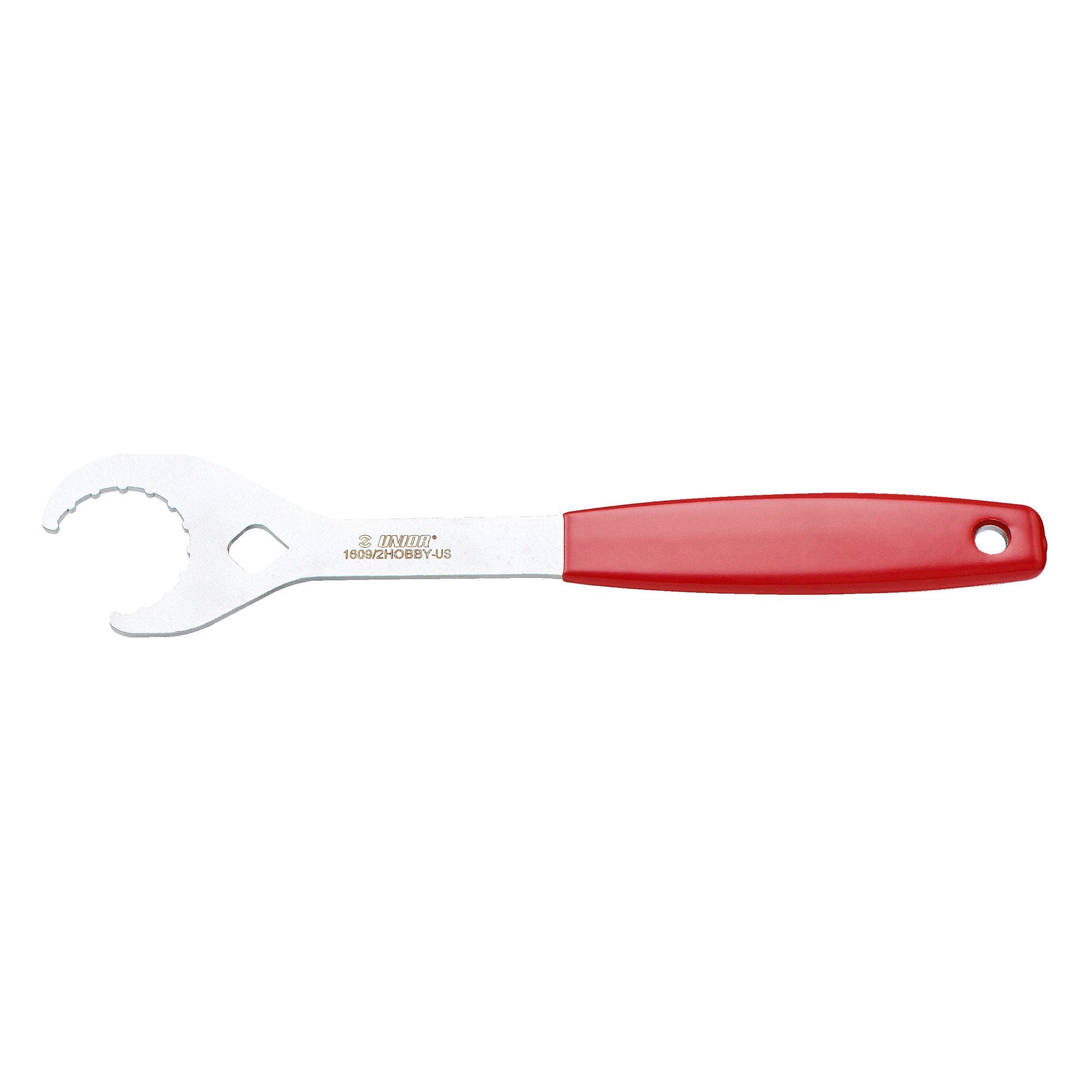 UNIOR 16 Notch Open Bottom Bracket Wrench in red, designed for Shimano and disc brake nuts, suitable for workshop use.