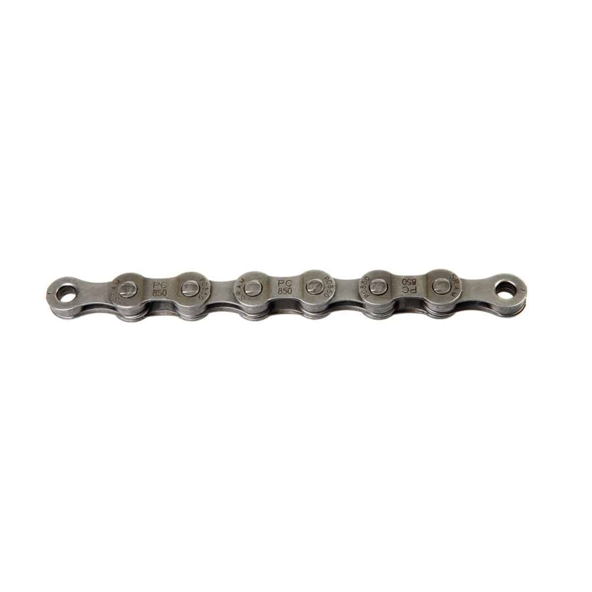 SRAM PC850 7/8 speed bike chain in grey with 114 links and Powerlink, ideal for smooth shifting on bicycle components