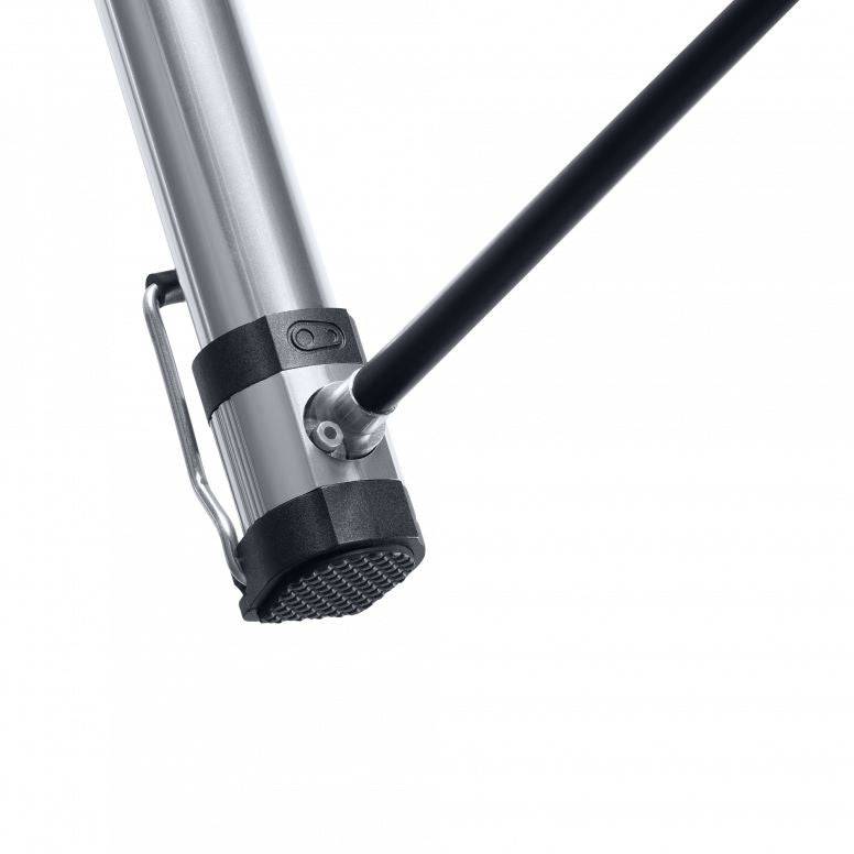 Crankbrothers Klic Mini Floor Pump in silver and black with magnetic hose, portable bike pump for cycling accessories