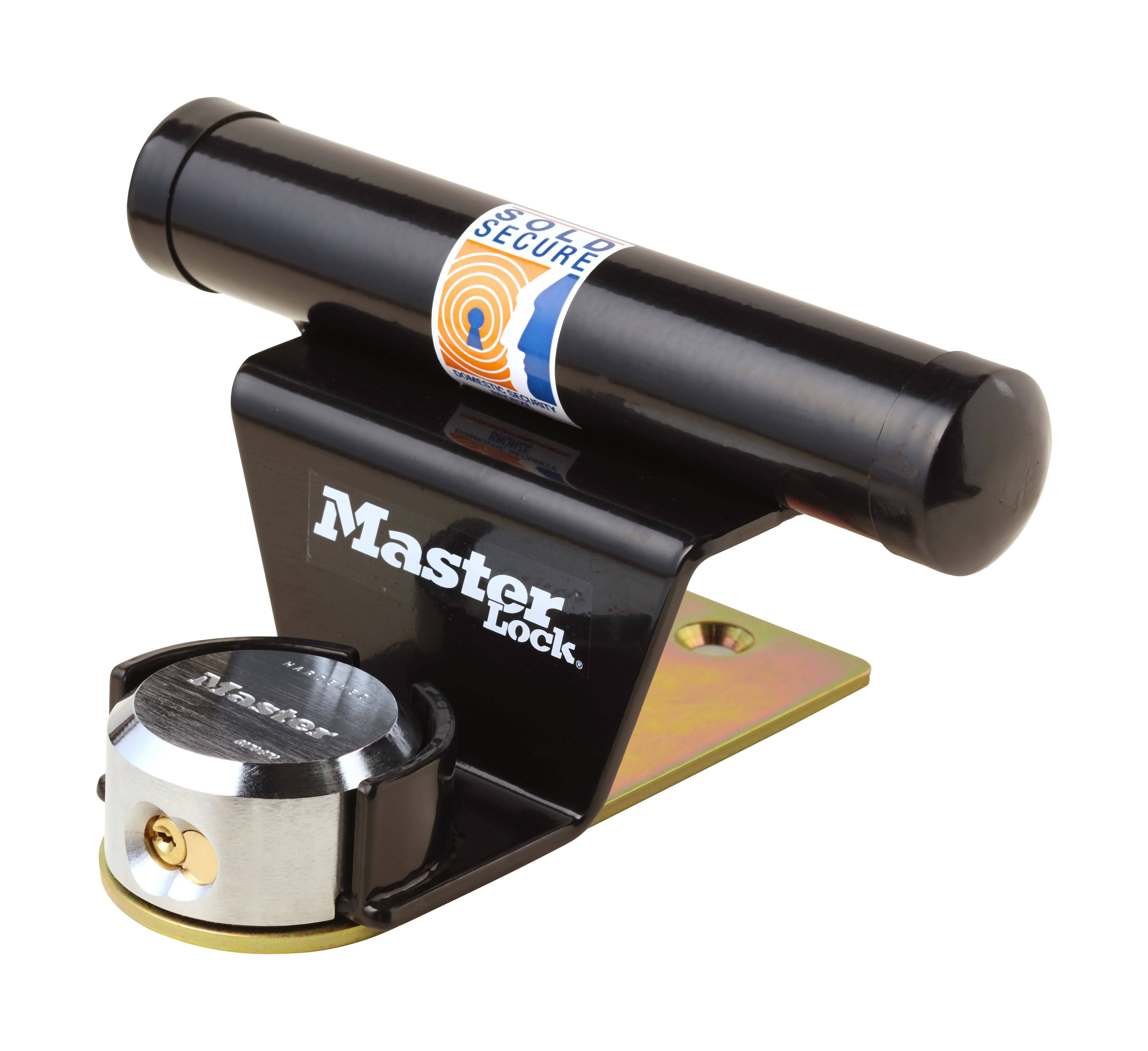 Master Lock Garage Door Security Kit 1488 with hardened steel padlock and vinyl bar for added security.