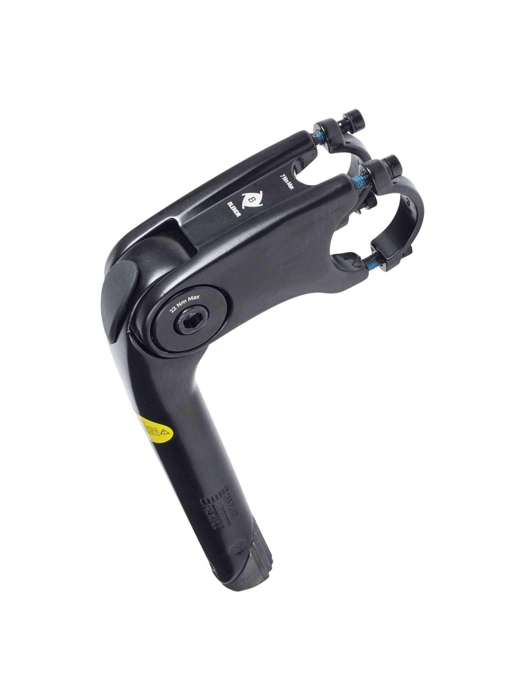 Bontrager Adjustable Blendr 220mm bike handlebar quill stem for bike control, shown with mounting hardware and branding.