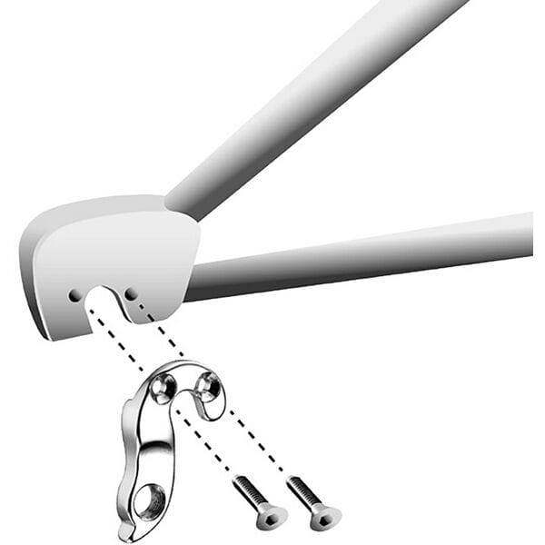 M Part gear hanger for bike frame protection and alignment, shown attached to a bicycle component in a detailed close-up image.