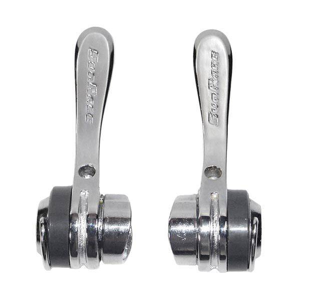 SunRace R90 9-speed downtube road bike shifters with friction mode, mounted on bicycle frame for smooth gear shifting.