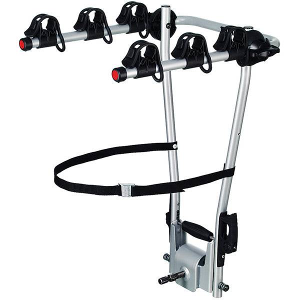 Thule 972 HangOn 3-bike towball carrier with tilt function and city crash safety, mounted on a vehicle for bike transport.