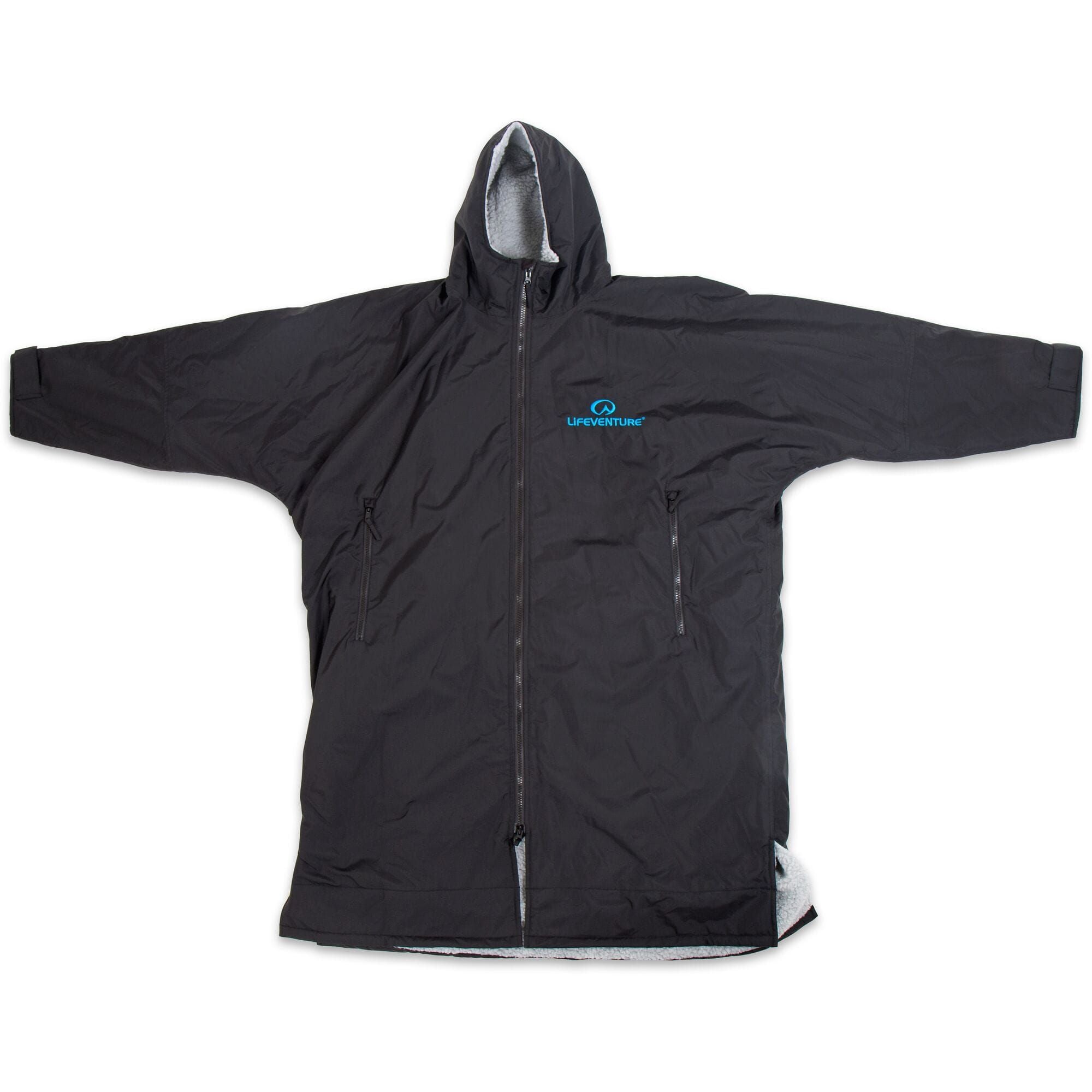 Lifeventure Thermarobe small-medium waterproof fleece-lined long sleeve robe displayed, ideal for outdoor and travel use.