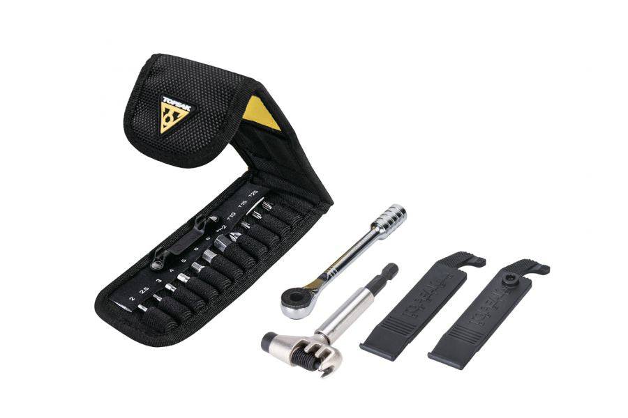 Topeak Ratchet Rocket Lite DX+ bike multi-tool with chain tool and tire levers, black, suitable for bike repairs and maintenance.