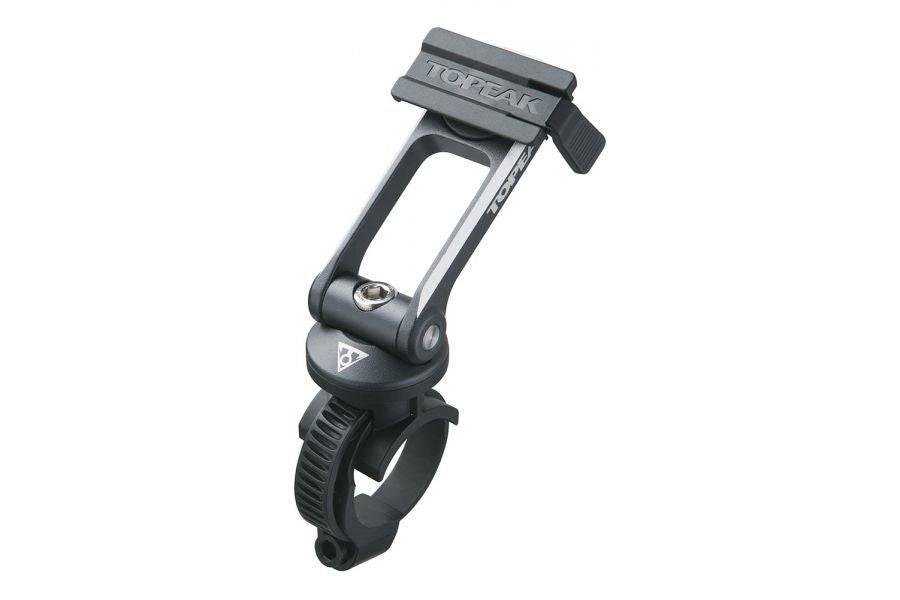 Grey aluminum Topeak Ridecase Mount for bikes, adjustable accessory holder with 1 1/4-inch attachment, suitable for cycling accessories.