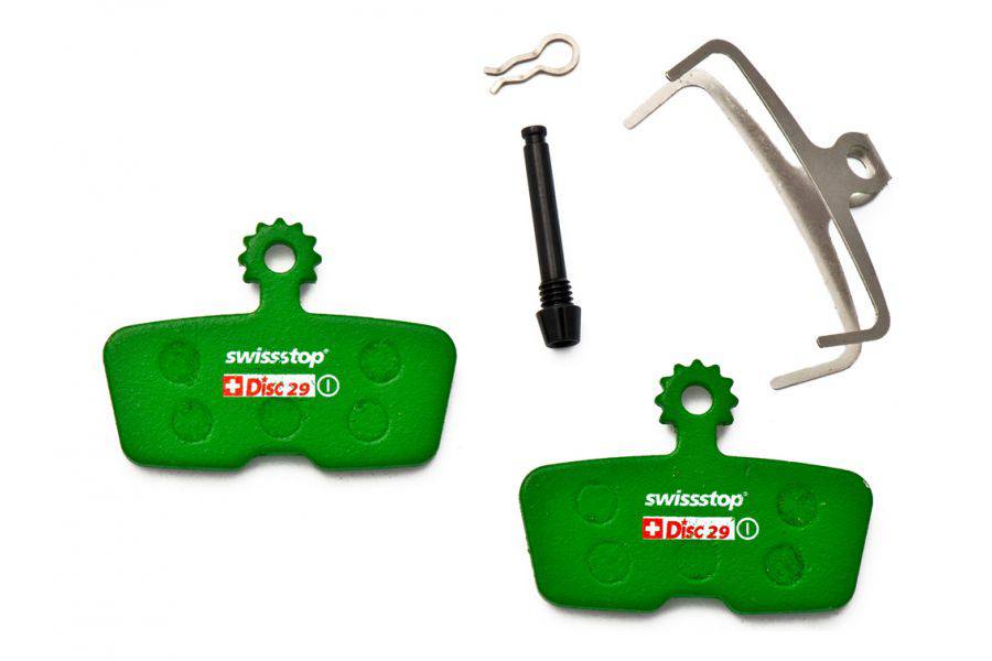 SwissStop disc brake pads for SRAM MTB Code and Guide Green, pair of high-performance components for mountain bike disc brakes.