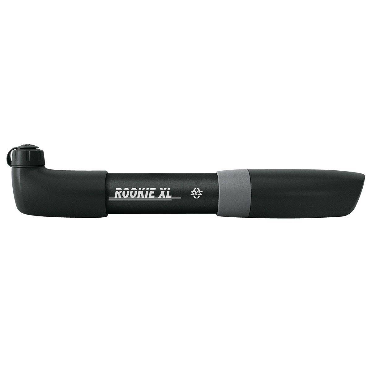 Black SKS Rookie XL mini bike pump with mounting clips and dust cap, compact bike accessories for quick inflation.