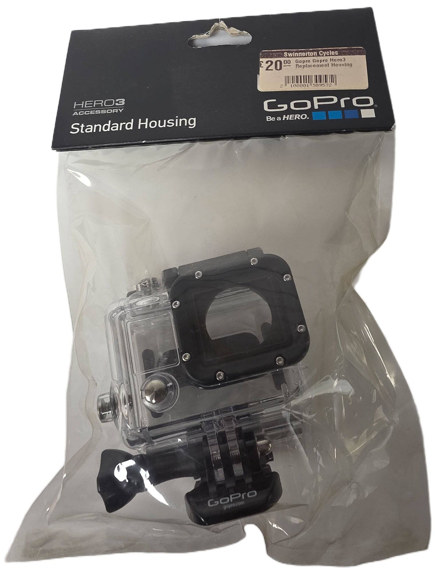 GoPro Hero3 waterproof replacement housing protective case accessory, clear plastic enclosure for underwater use and device protection.