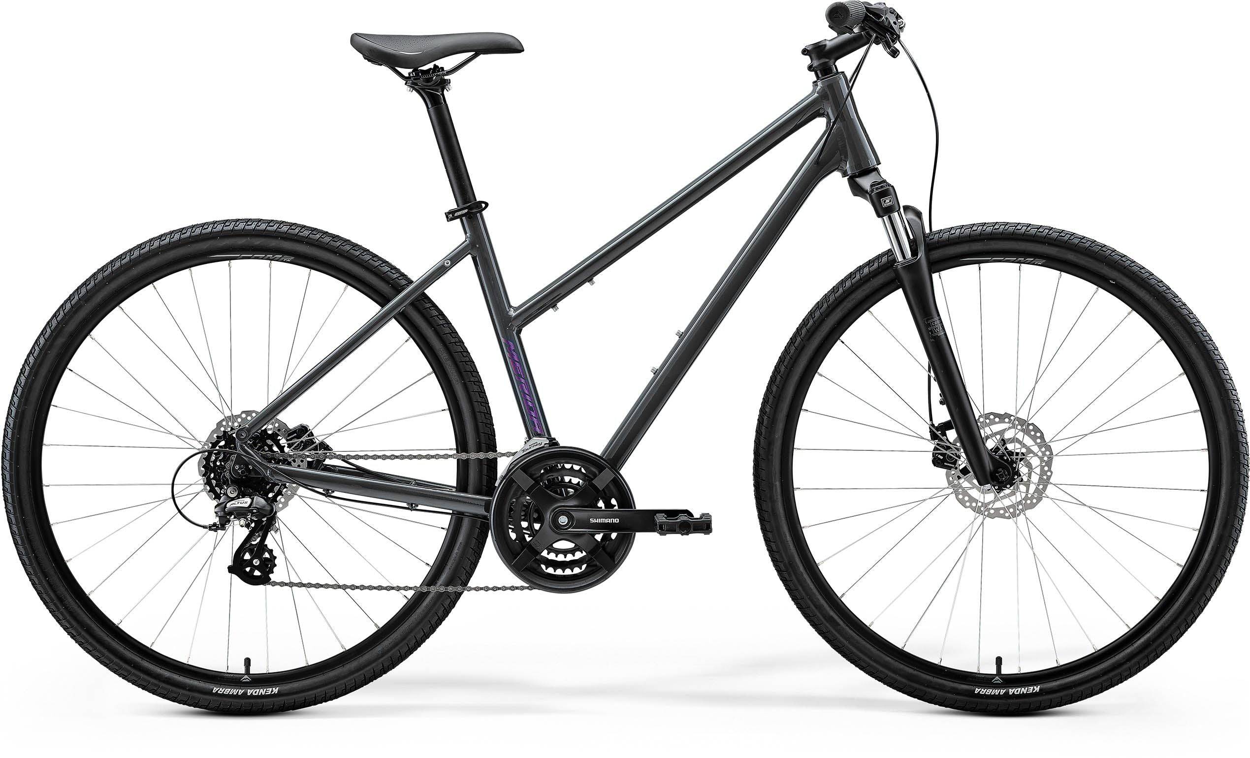 Merida Crossway 10 Women's hybrid bike with Shimano 7-speed gears and disc brakes, featuring a lightweight frame and ergonomic design.