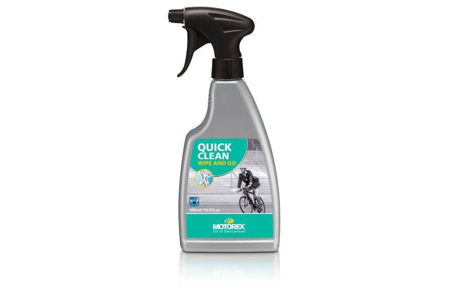 Motorex Quick Clean Silver and Green 500ml workshop cleaner for e-bikes and electronics, shown in a spray bottle.