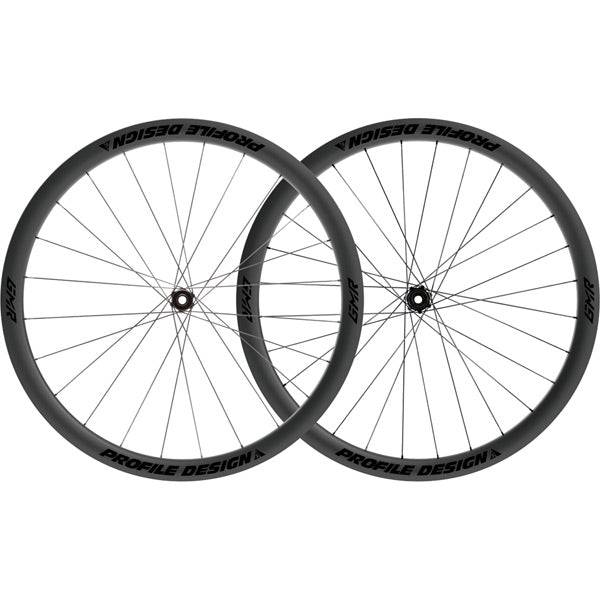 Profile Design GMR 38 Carbon Disc Brake TLR Road Wheelset with tubeless-ready rims and aerodynamic design for high-performance cycling.