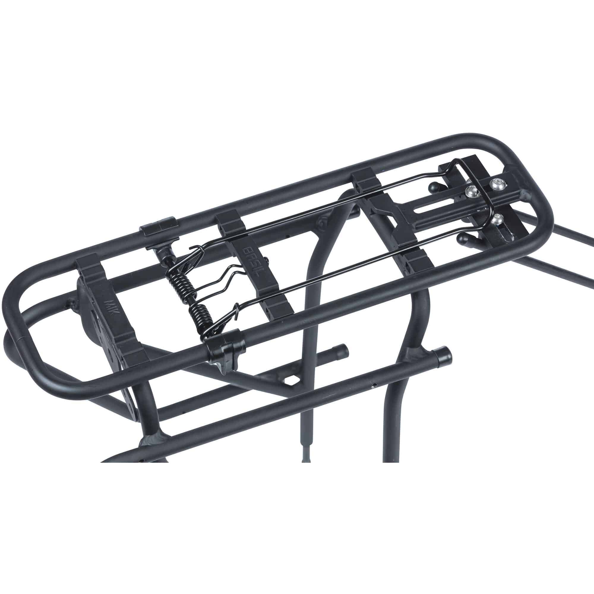 Basil Universal Cargo Carrier MIK STUDS in matte black attached to a bike frame, designed for 26-29 inch bikes.