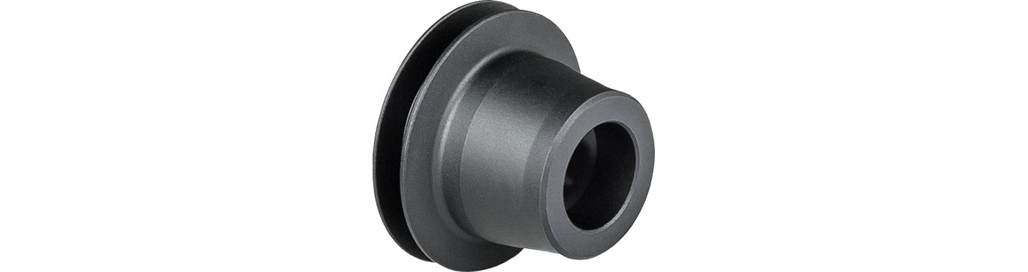 Black Bontrager DT240 12mm non-drive axle end cap for 100mm OLD front or rear bike hub, shown installed on component.