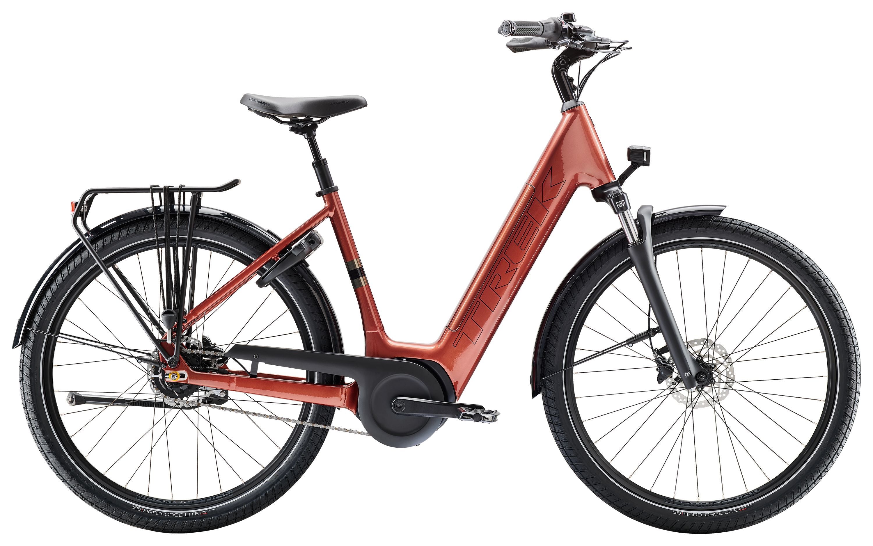 Trek District+ 4 Coaster Lowstep electric hybrid bike for women with Bosch motor, featuring a step-through frame and sleek design.