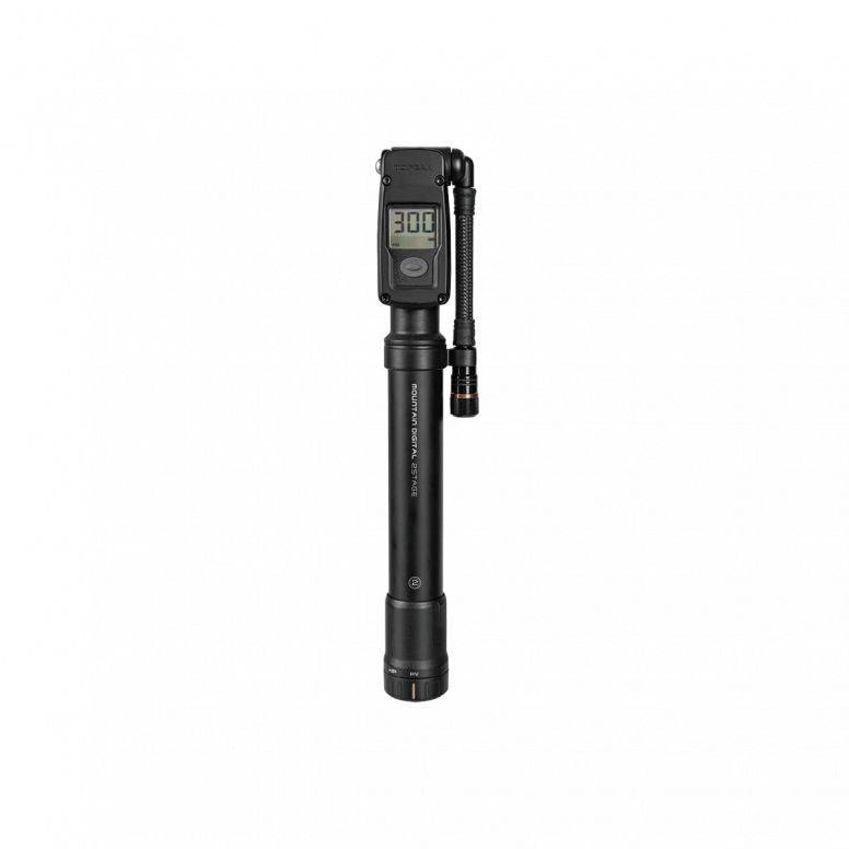 Topeak Mountain Digital 2-Stage Pump for mountain bikes, featuring dual pressure modes and digital display for precise inflation.