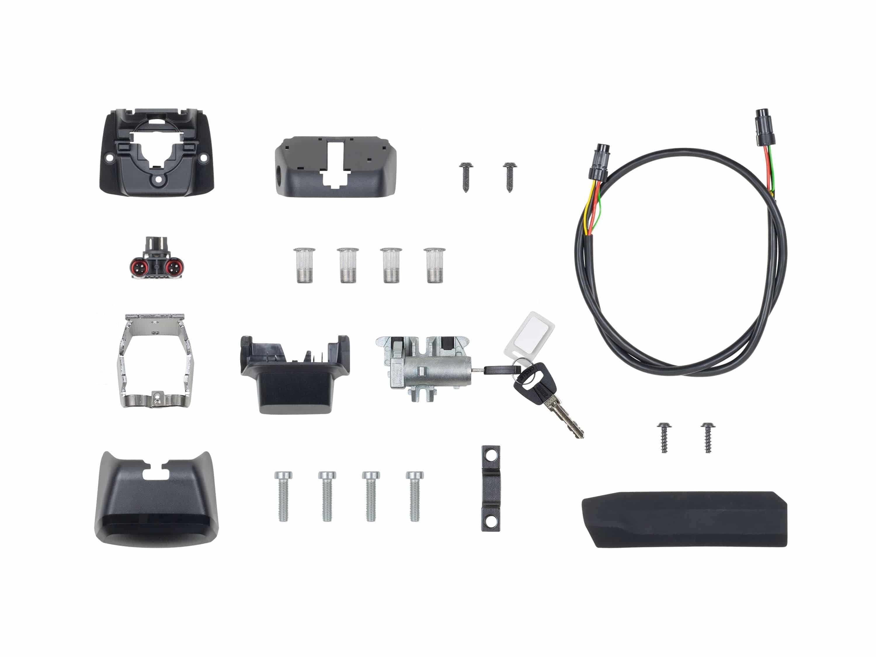 Trek Fetch+2 range extender mounting kit in black, universal fit for e-bikes, showing the components and hardware for installation.