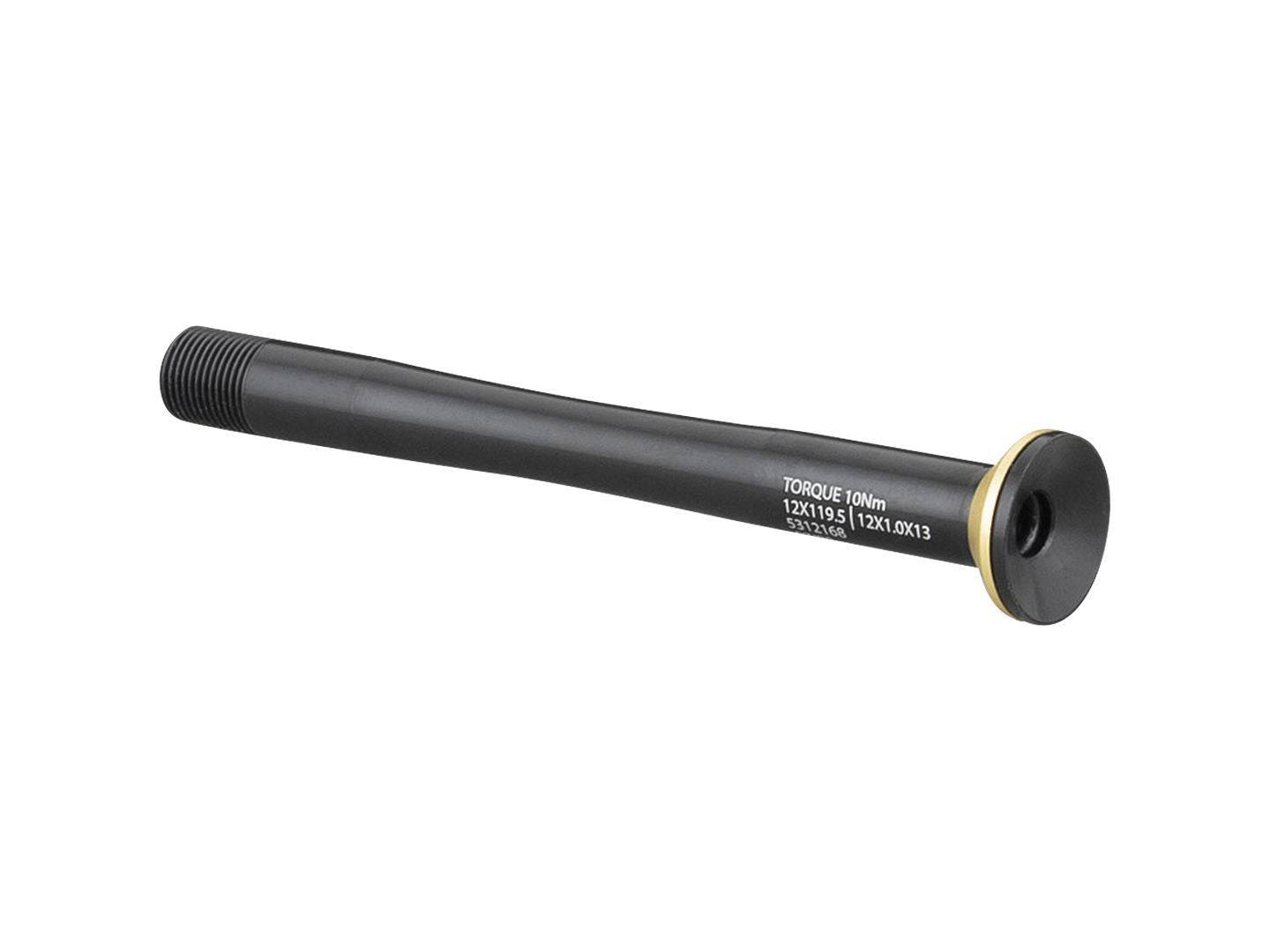 Bontrager Switch Lever Pro front thru axle 12x119.5mm black for bicycle front wheel component, showing the lever and axle.