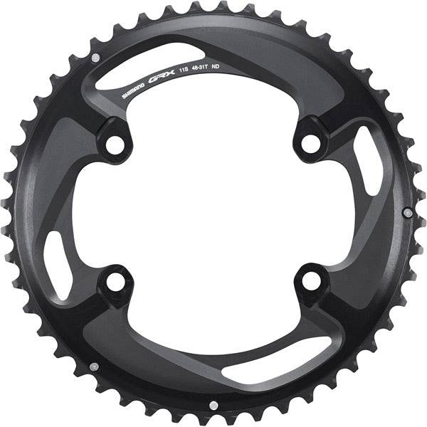 Shimano GRX FC-RX810-2 11-speed 48T double outer chainring for gravel bikes, showing metal teeth and mounting holes.