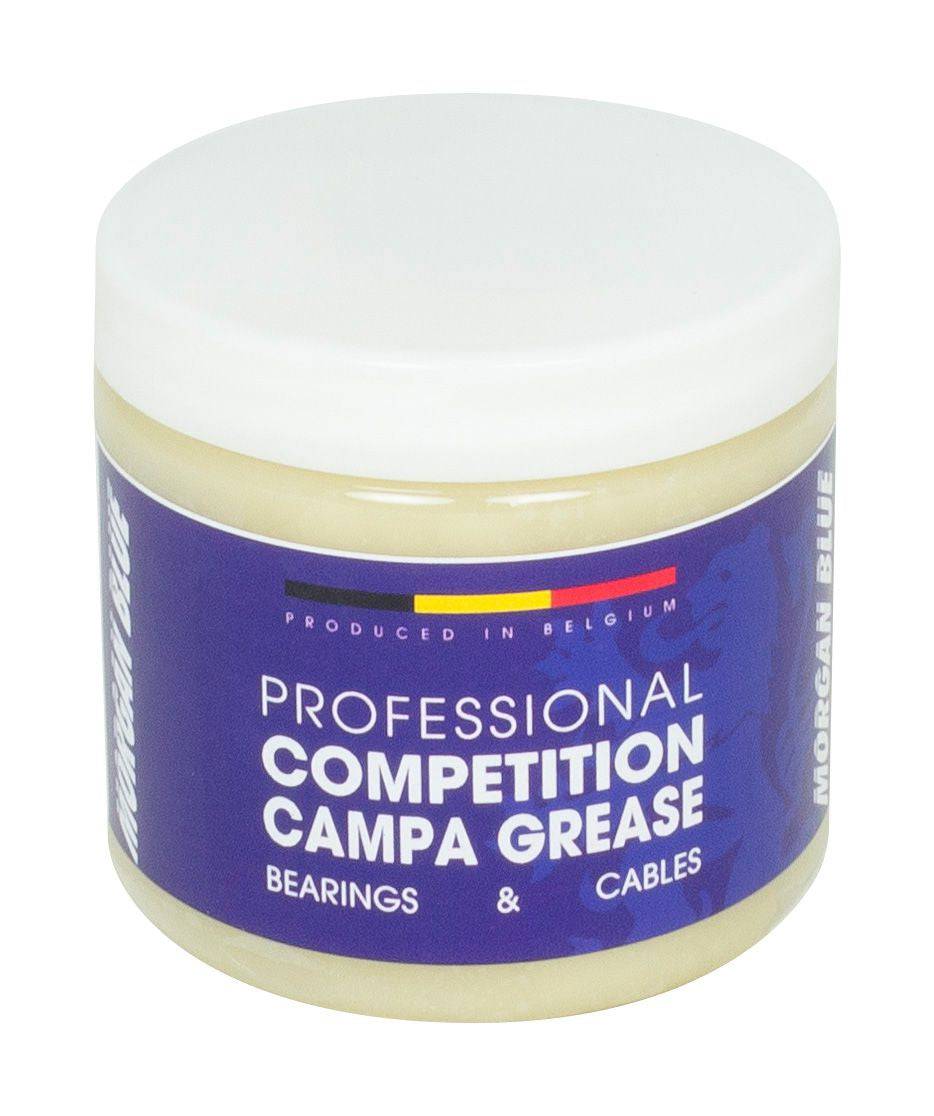 Morgan Blue Competition Campa grease applied to bicycle hub and bottom bracket components in a workshop setting.