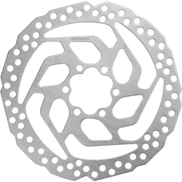 Shimano Acera SM-RT26 6-bolt disc brake rotor with mounting hardware for resin pads, shown on a bicycle wheel.