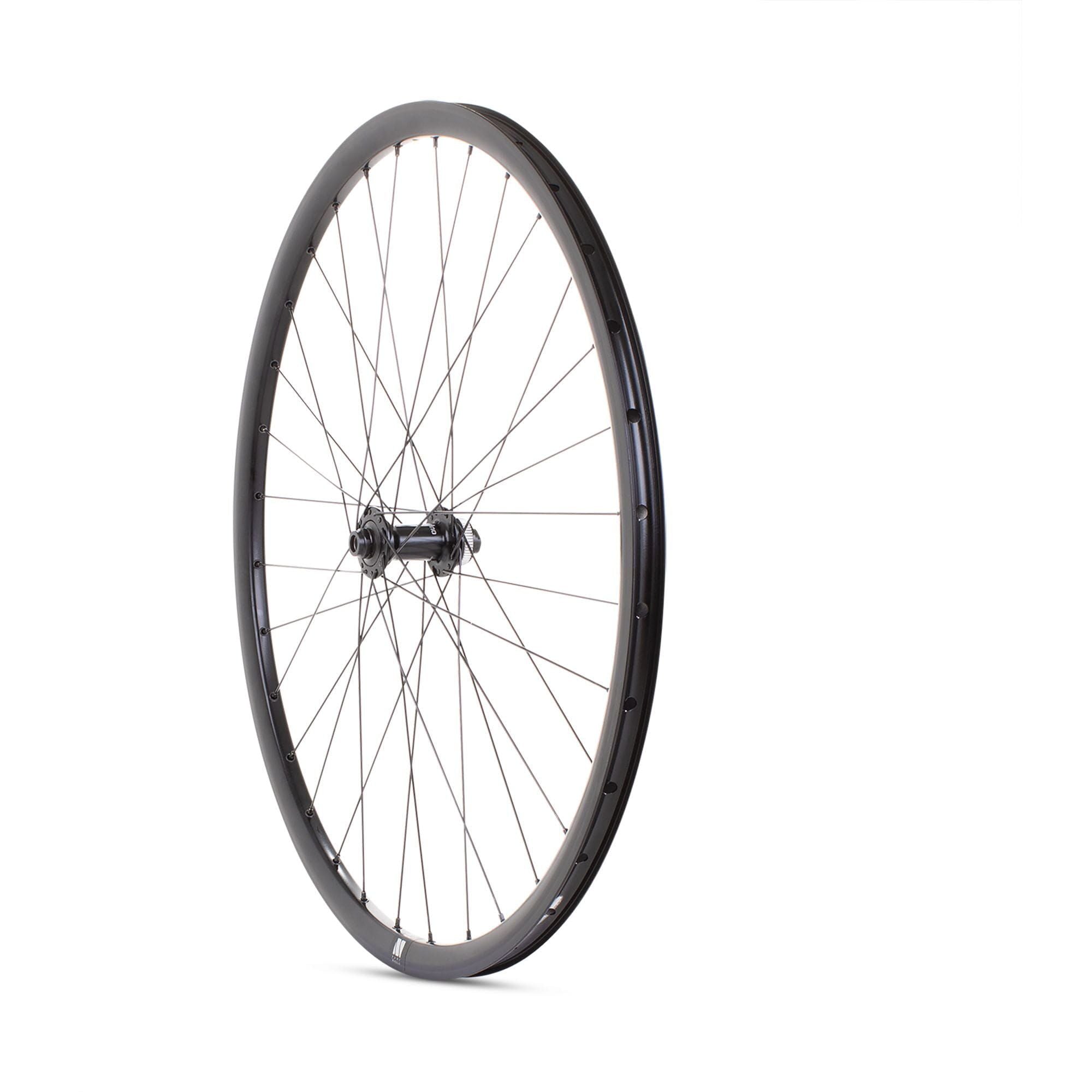 Black M Part Wheels 700c road front wheel with Shimano Tiagra CL hub and Cyclone rim, 12x100mm axle, suitable for cycling.