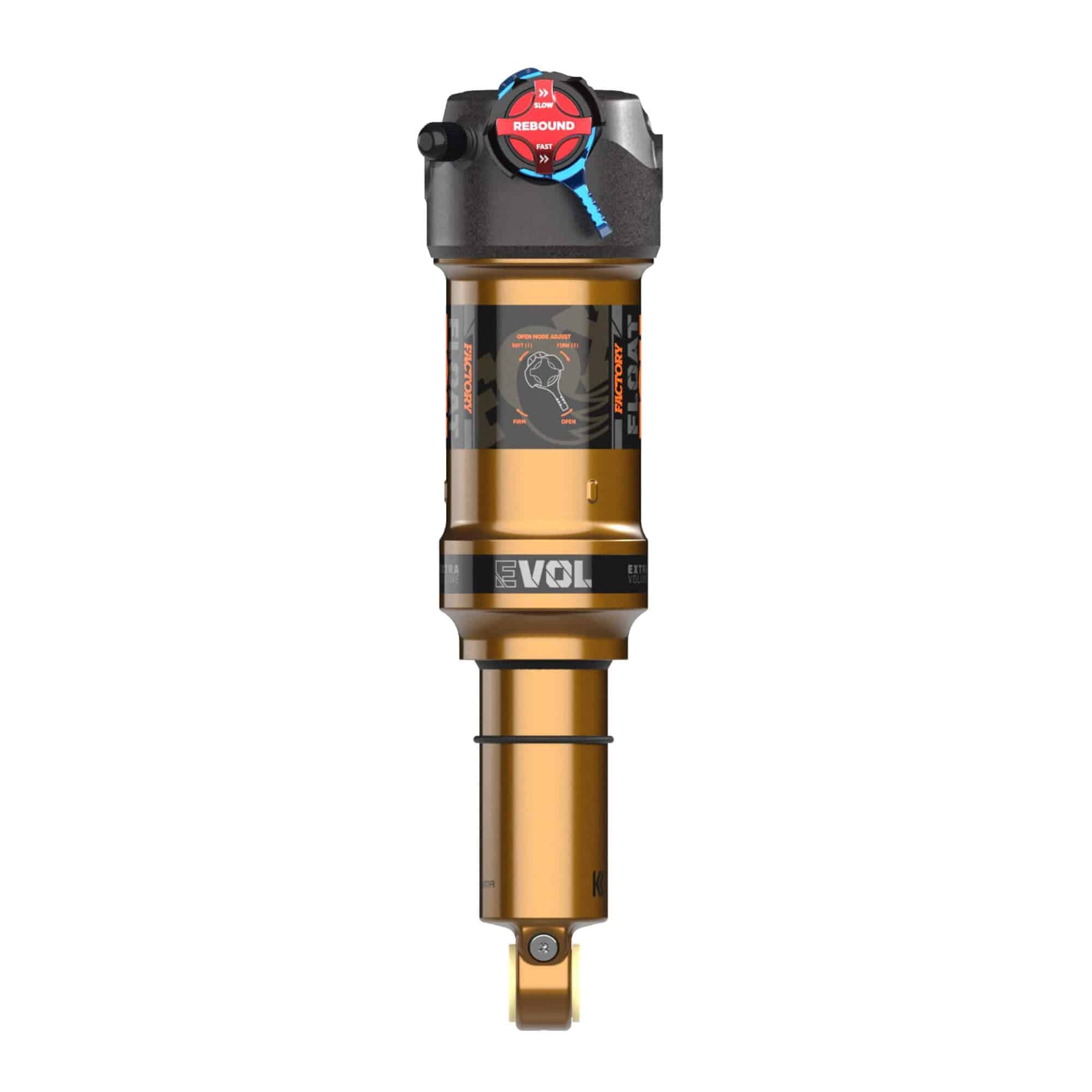 Fox Float Factory rear shock for mountain bikes with 2-position adjustable suspension, designed for e-MTBs and mountain biking components.