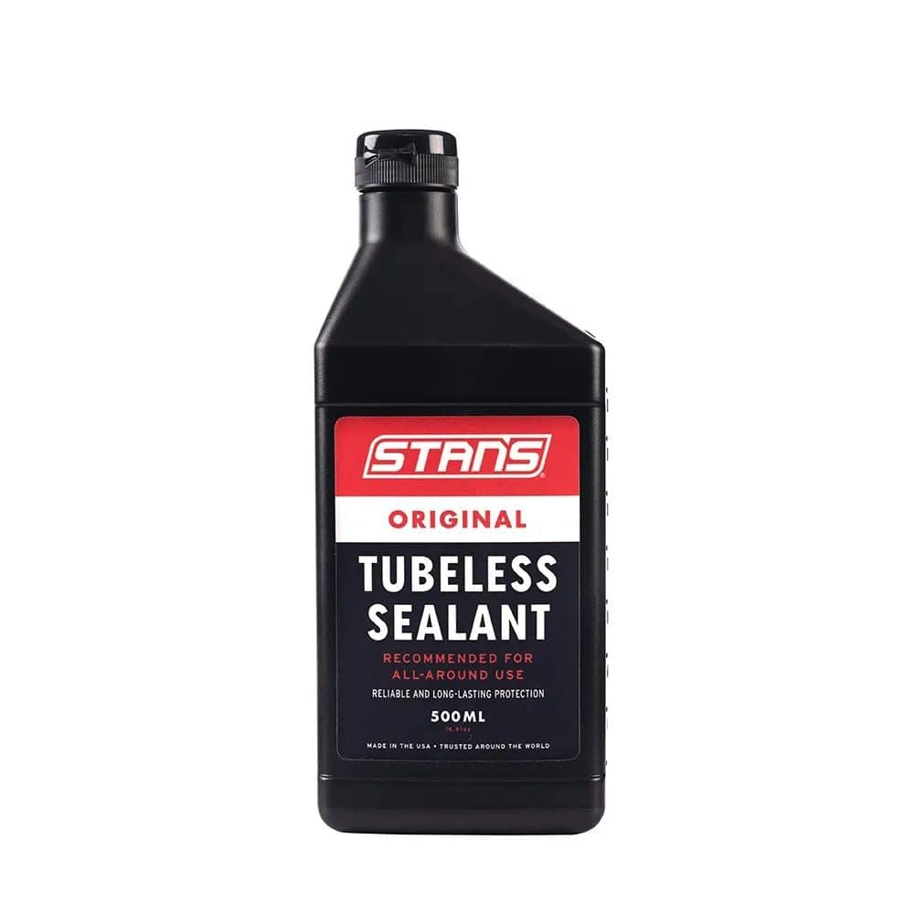 Stan's No Tubes Original Tyre Sealant 500ml bottle for tubeless puncture repair, shown in a clear, close-up view.